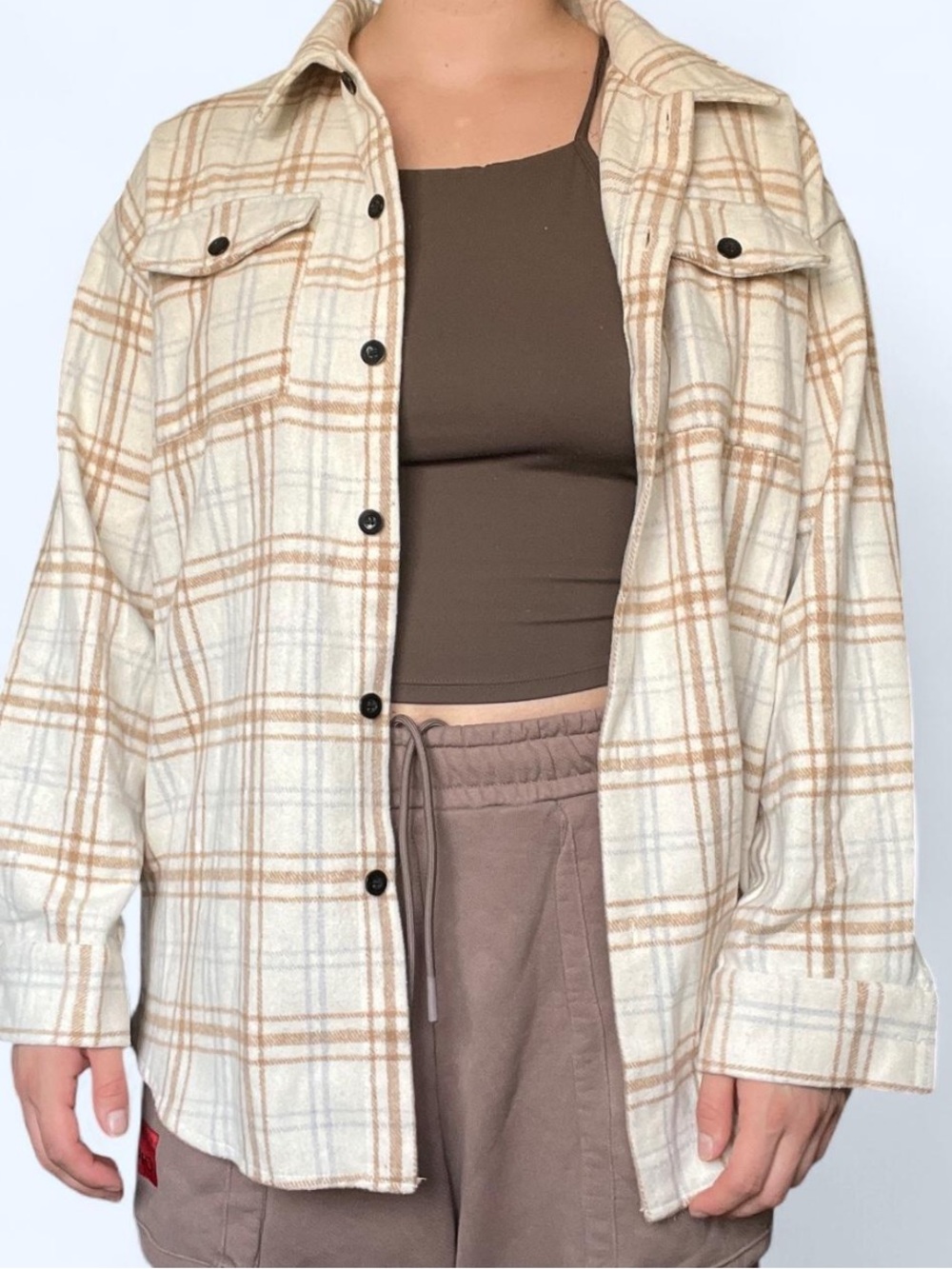 Cream Plaid Button-Up Shacket - Women's Jacket & Coat